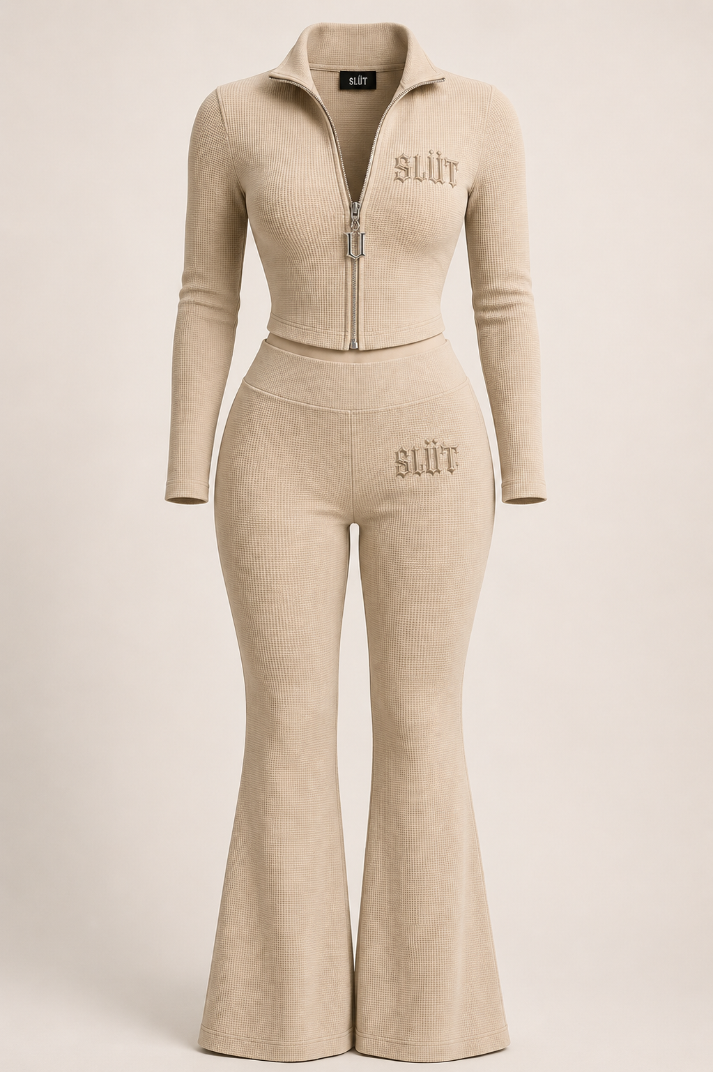 Beige Waffle-Knit Zip Jacket & Flare Pant Set