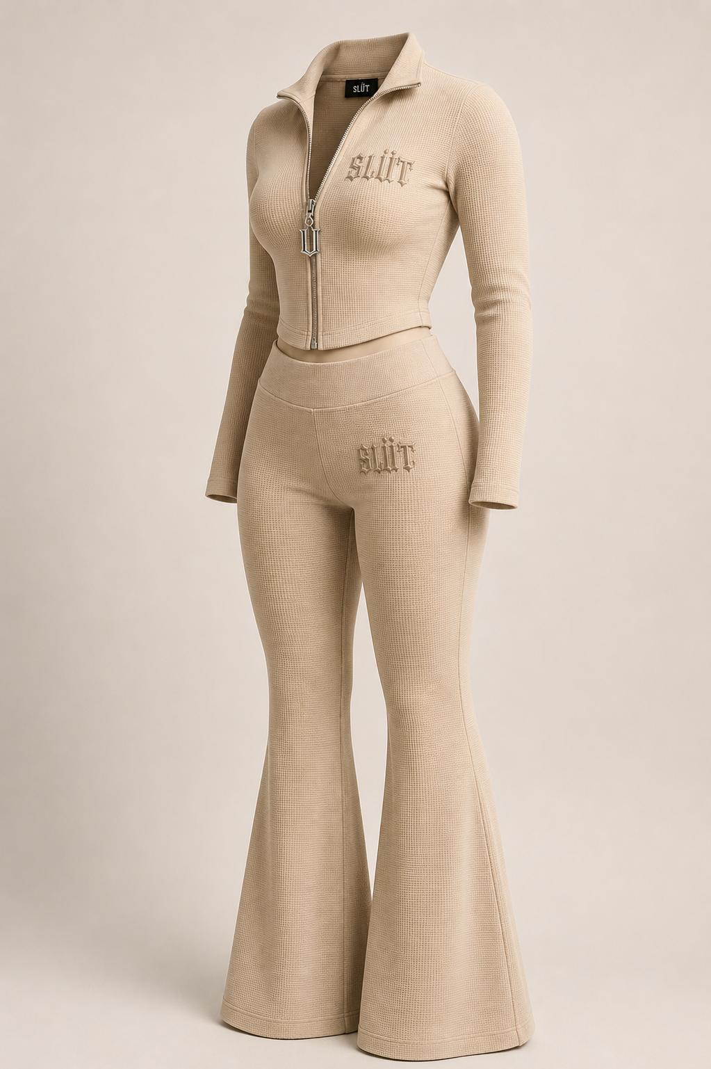 Beige Waffle-Knit Zip Jacket & Flare Pant Set alternate view
