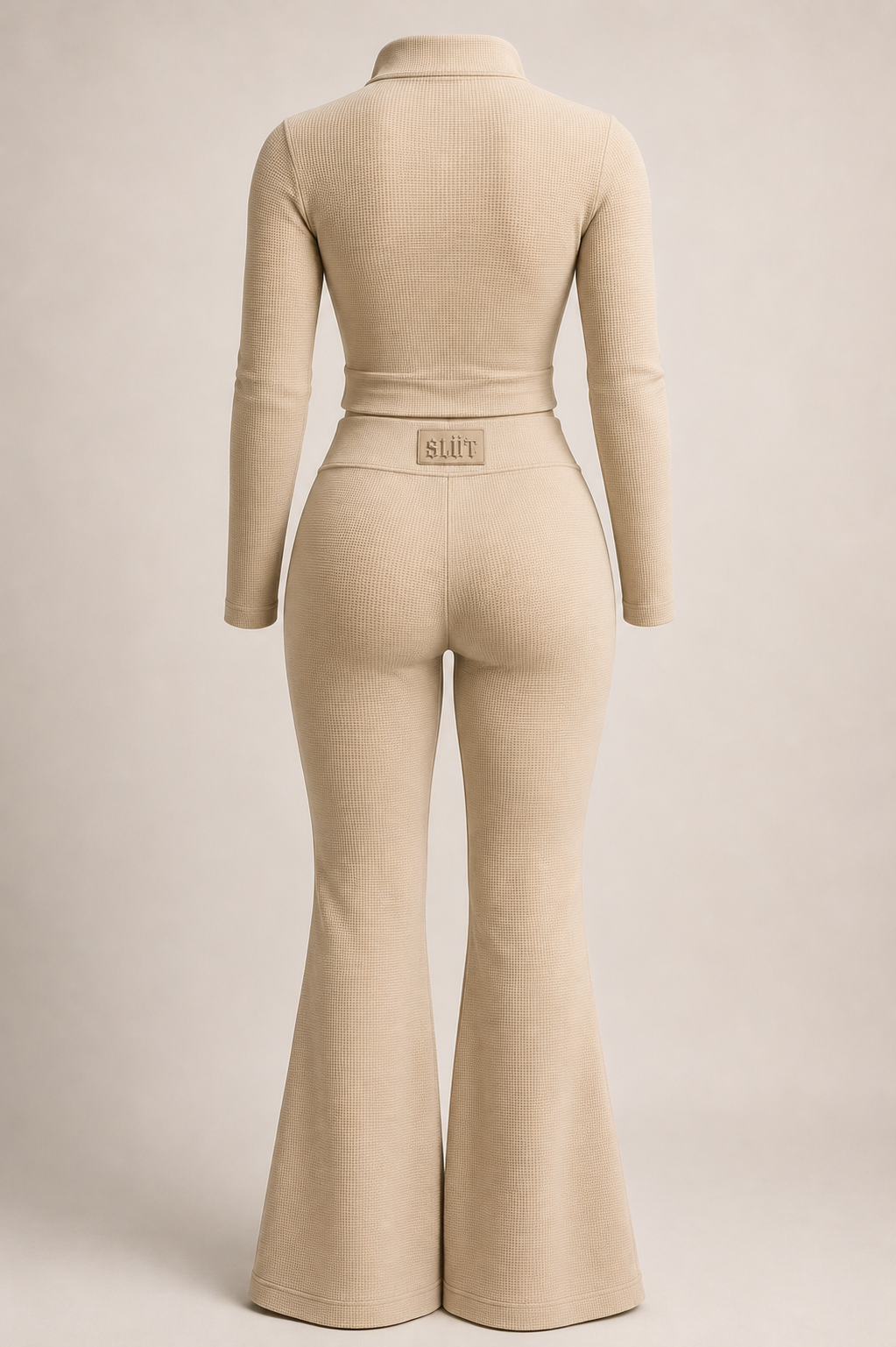 Beige Waffle-Knit Zip Jacket & Flare Pant Set Detail