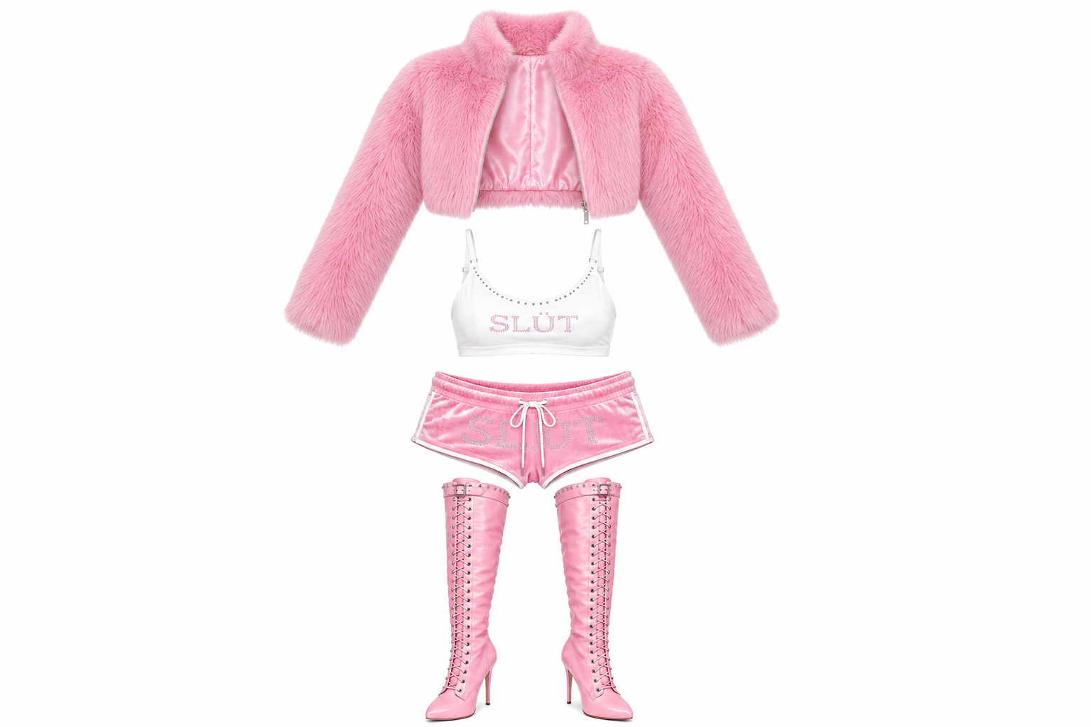 Pink Fur-Cuff Puffer Jacket Set alternate view