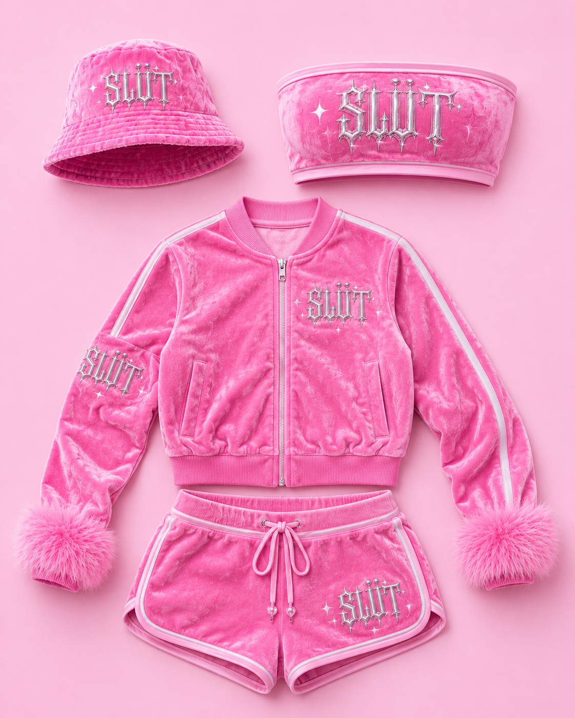 Pink Velour Bandeau, Short & Bucket Hat Trio alternate view
