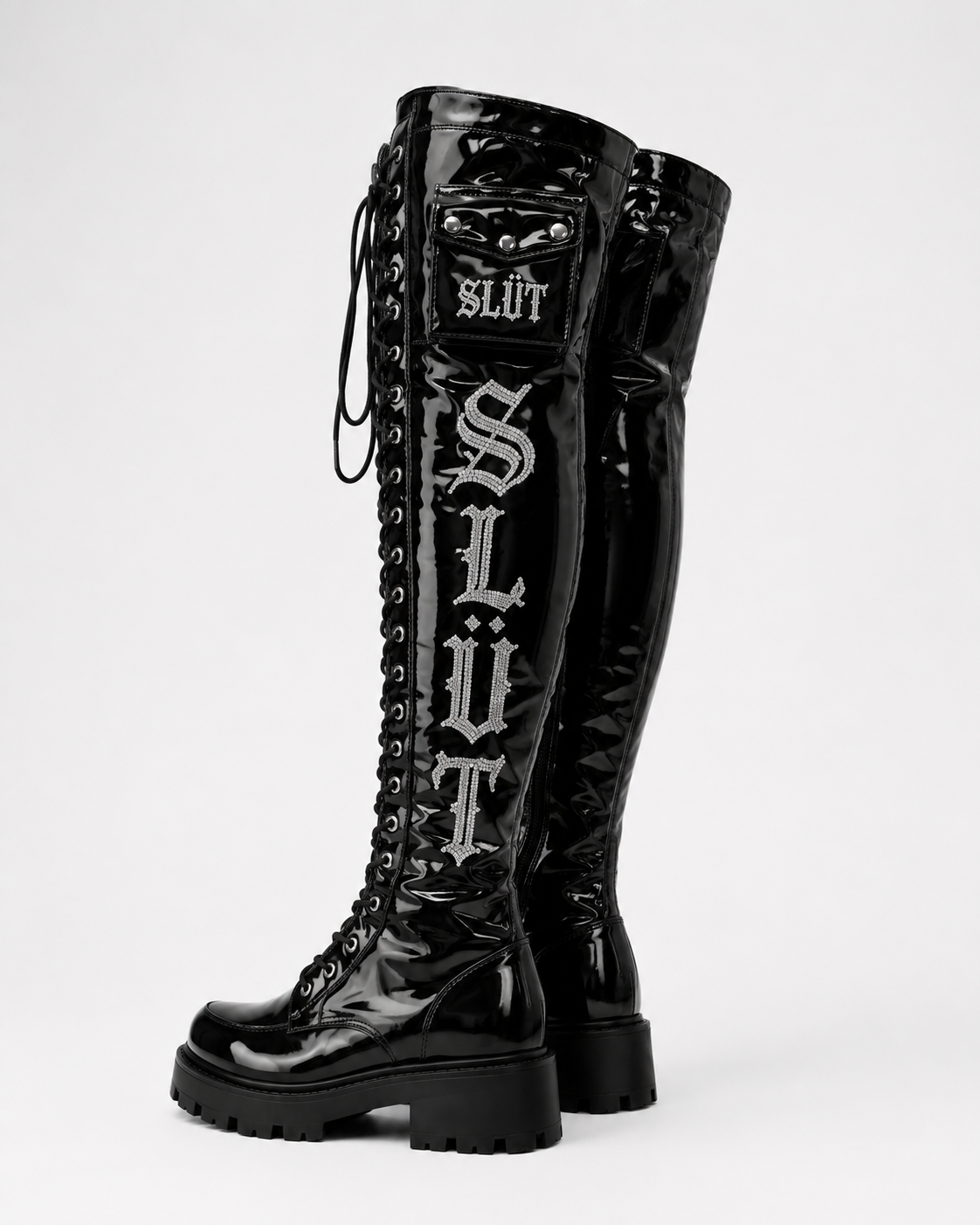 SLÜT Lace-Up Patent Thigh Boot — Jet Black