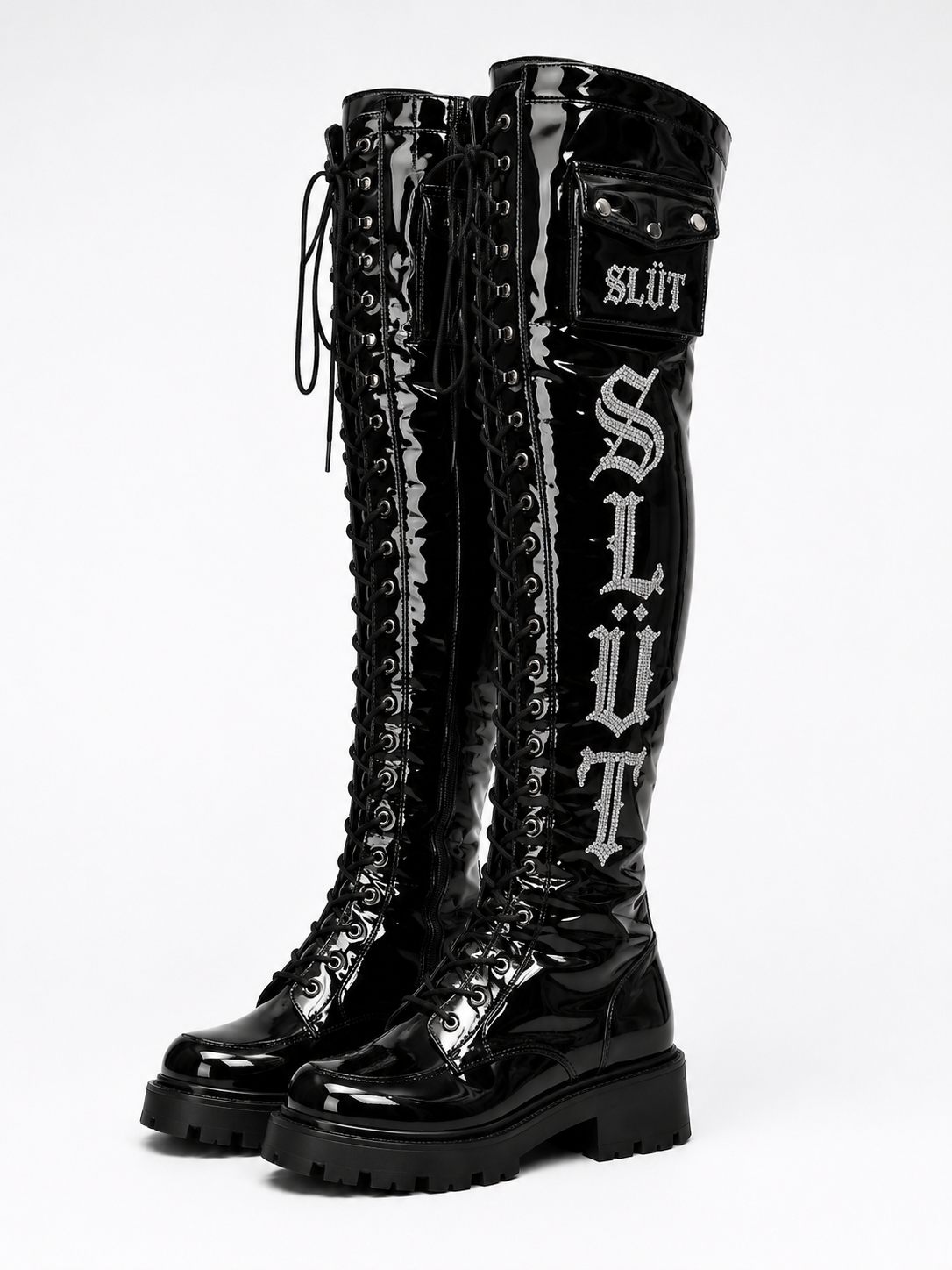 SLÜT Lace-Up Patent Thigh Boot — Jet Black Detail