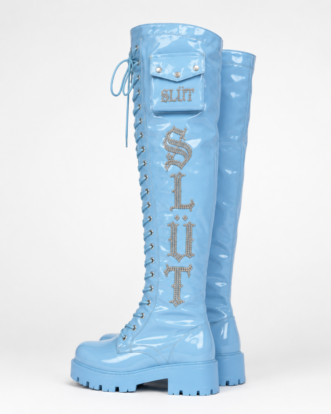 SLÜT Lace-Up Patent Thigh Boot — Sky Blue