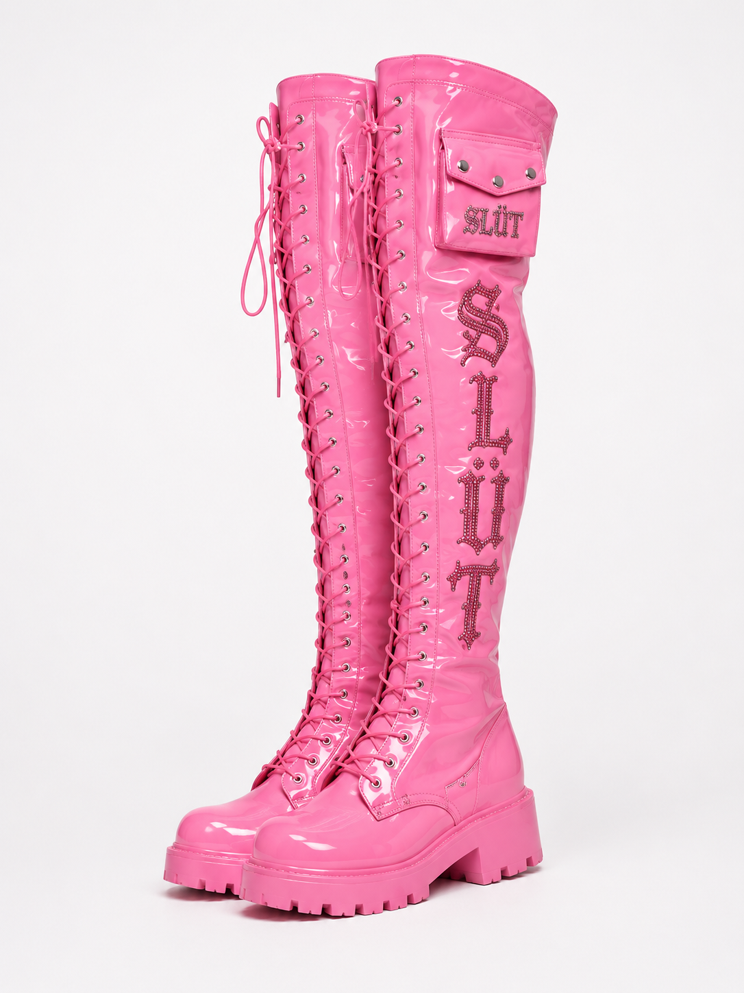 SLÜT Lace-Up Patent Thigh Boot — Bubblegum Pink Detail