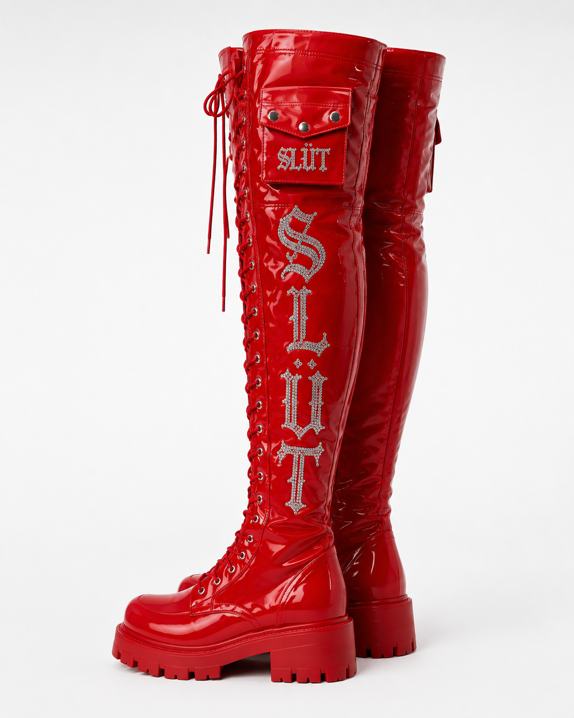 SLÜT Lace-Up Patent Thigh Boot — Cherry Red