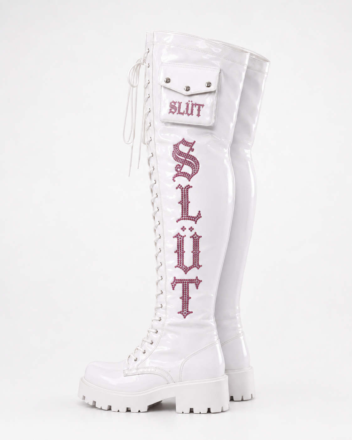 SLÜT Lace-Up Patent Thigh Boot — Optic White