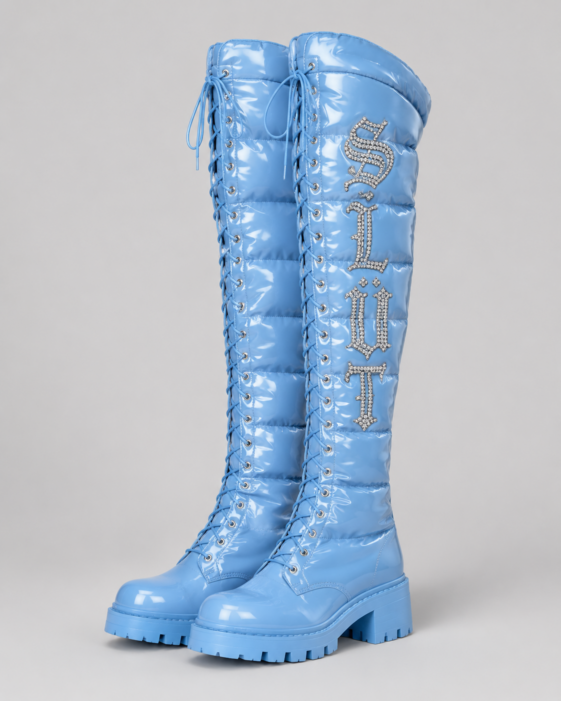 SLÜT Quilted Puffer Thigh Boot — Sky Blue
