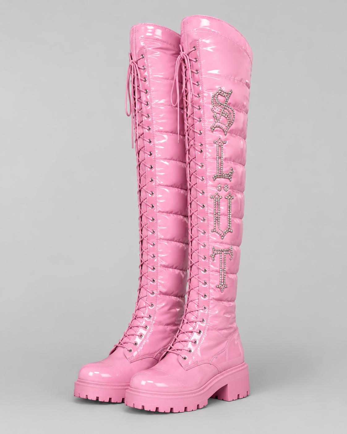 SLÜT Quilted Puffer Thigh Boot — Bubblegum Pink
