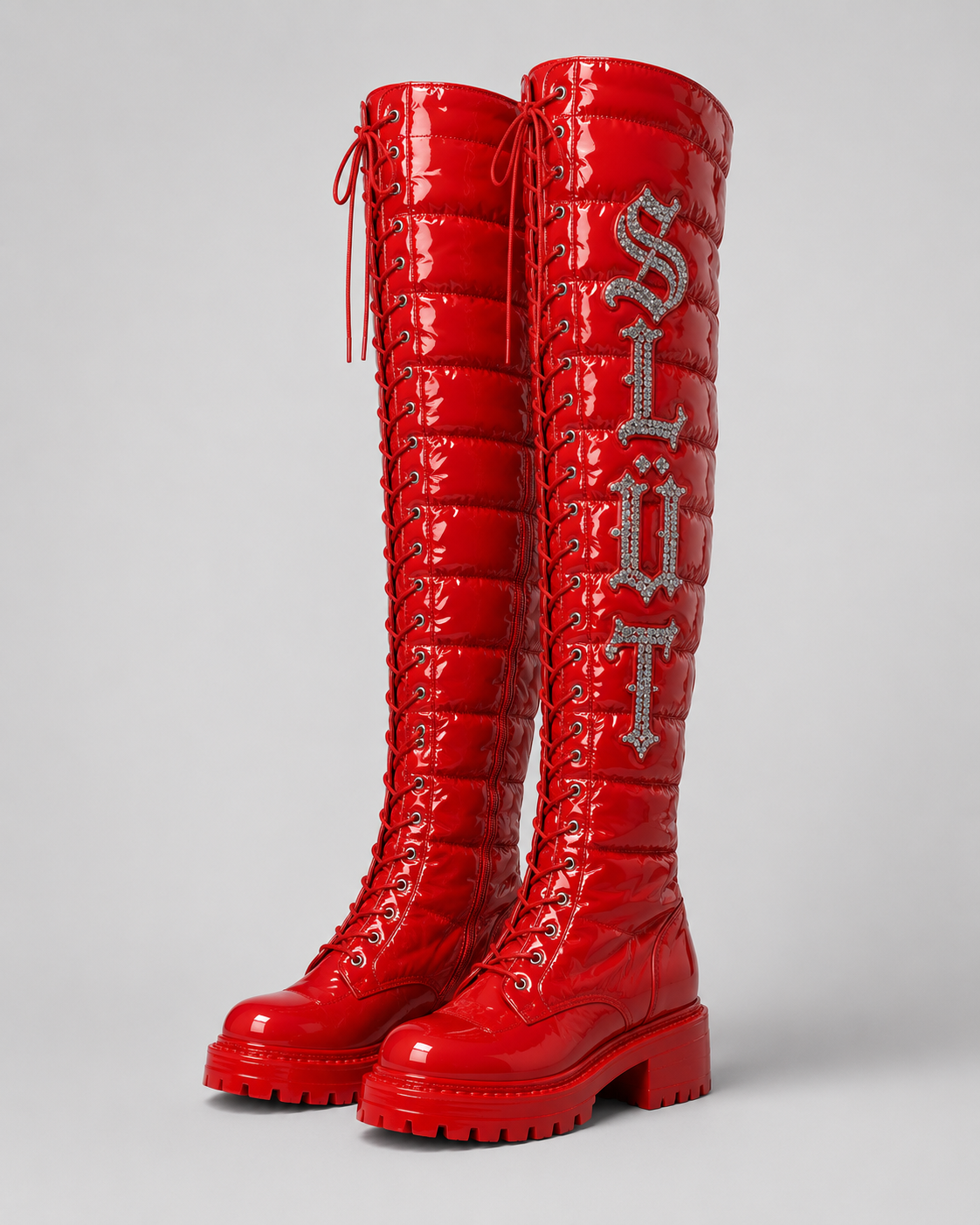 SLÜT Quilted Puffer Thigh Boot — Cherry Red