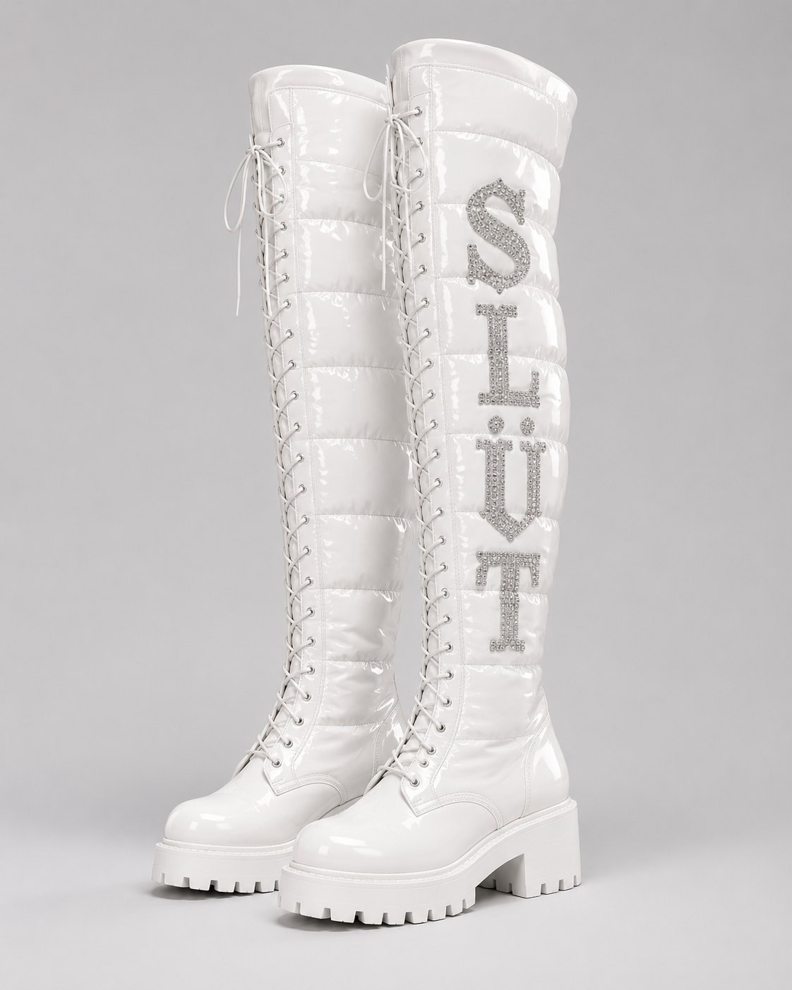 SLÜT Quilted Puffer Thigh Boot — Optic White
